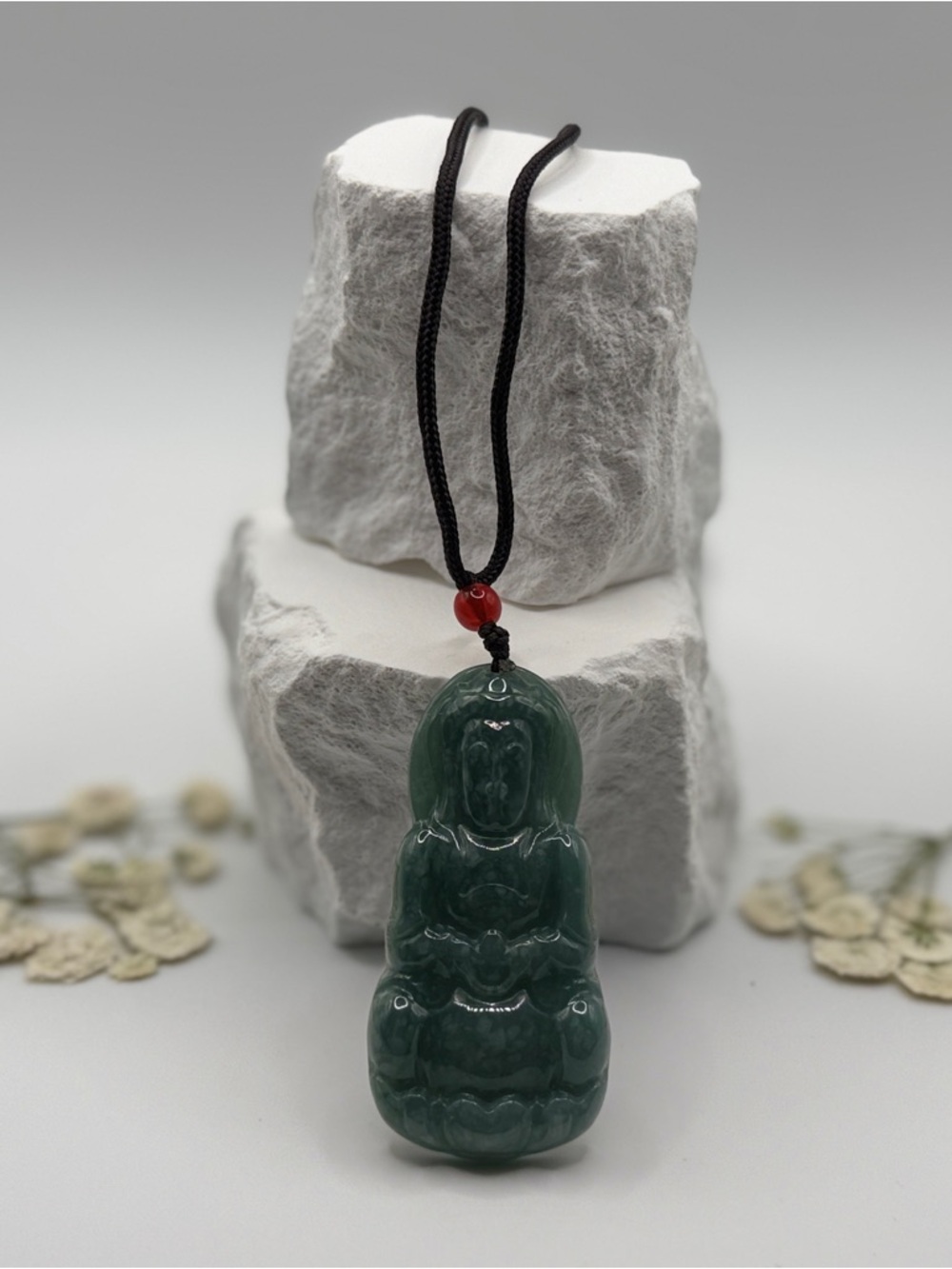 Green Jade Guan Yin Pendant Necklace with Black Cord